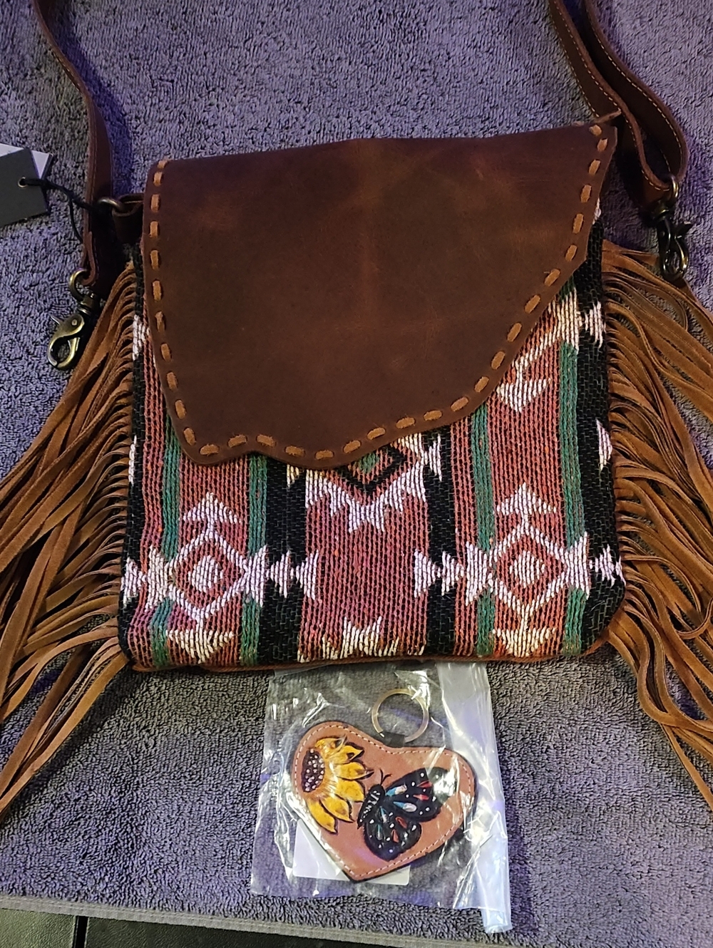 Myra Bag Brown Leather Fringe Crossbody Bag with Southwestern Pattern